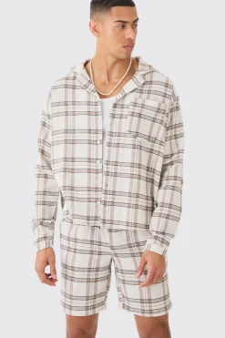 boohooMAN Long Sleeve Boxy Tonal Textured Shirt And Short | UK| Sets & Co-Ords