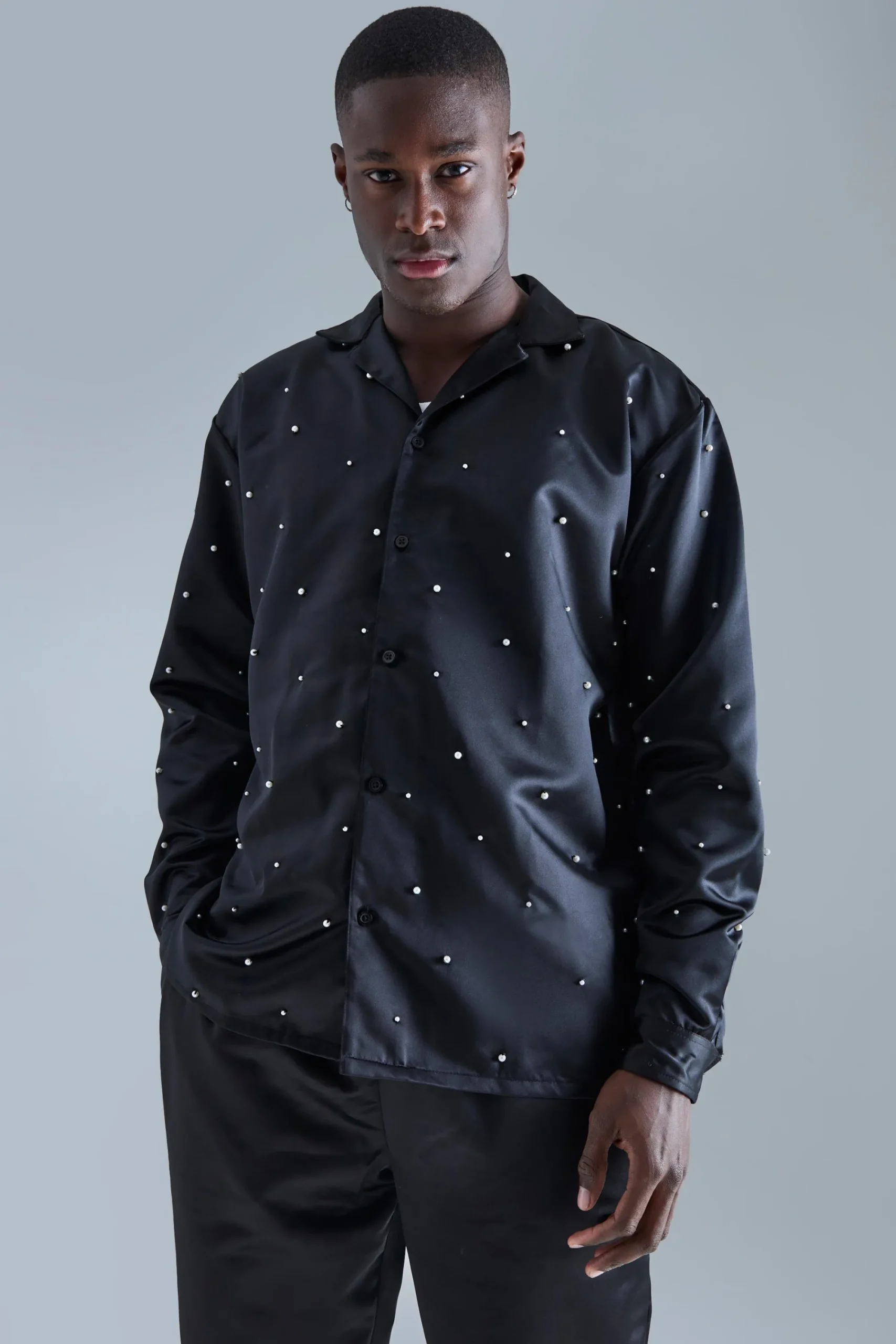 boohooMAN Long Sleeve Embellished Satin Shirt And Trouser Set | UK| Sets & Co-Ords