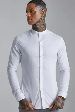 boohooMAN Long Sleeve Grandad Collar Stretch Fit Shirt | UK| Shirts