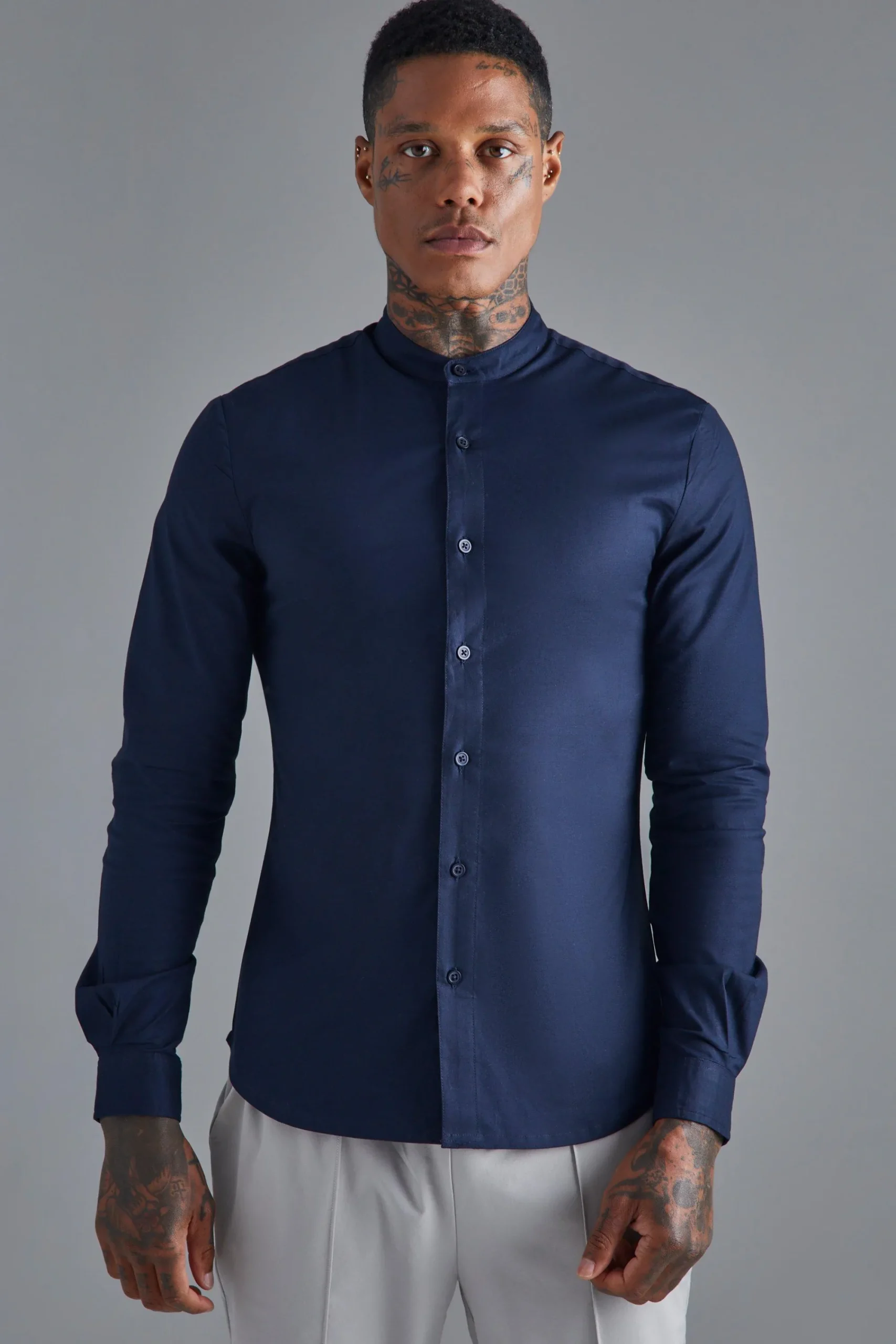 boohooMAN Long Sleeve Grandad Collar Stretch Shirt | UK| Shirts