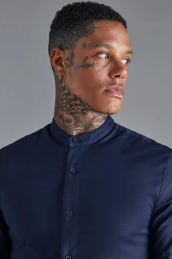boohooMAN Long Sleeve Grandad Collar Stretch Shirt | UK| Shirts