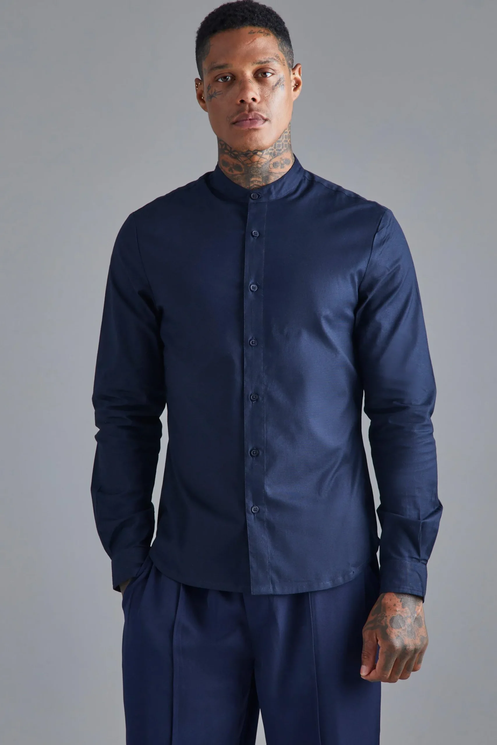 boohooMAN Long Sleeve Grandad Collar Slim Shirt | UK| Shirts