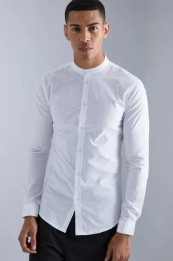 boohooMAN Long Sleeve Grandad Collar Stretch Fit Shirt | UK| Shirts