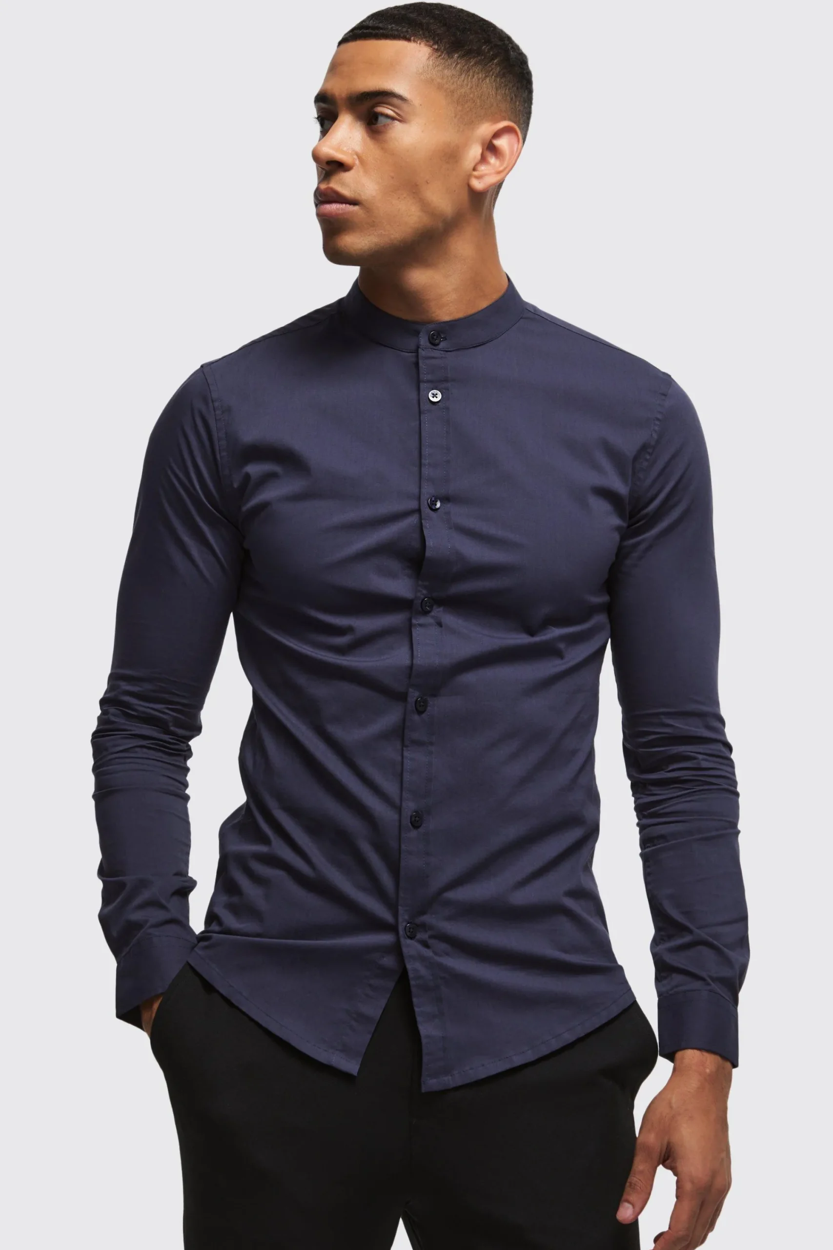 boohooMAN Long Sleeve Grandad Collar Stretch Shirt | UK| Shirts