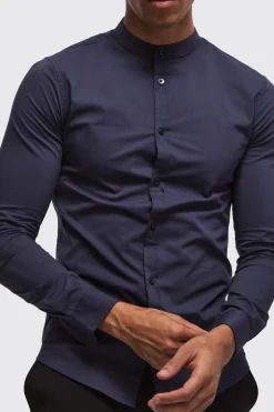 boohooMAN Long Sleeve Grandad Collar Stretch Shirt | UK| Shirts