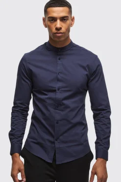 boohooMAN Long Sleeve Grandad Collar Slim Shirt | UK| Shirts