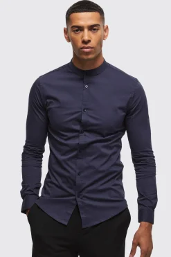 boohooMAN Long Sleeve Grandad Collar Stretch Shirt | UK| Shirts