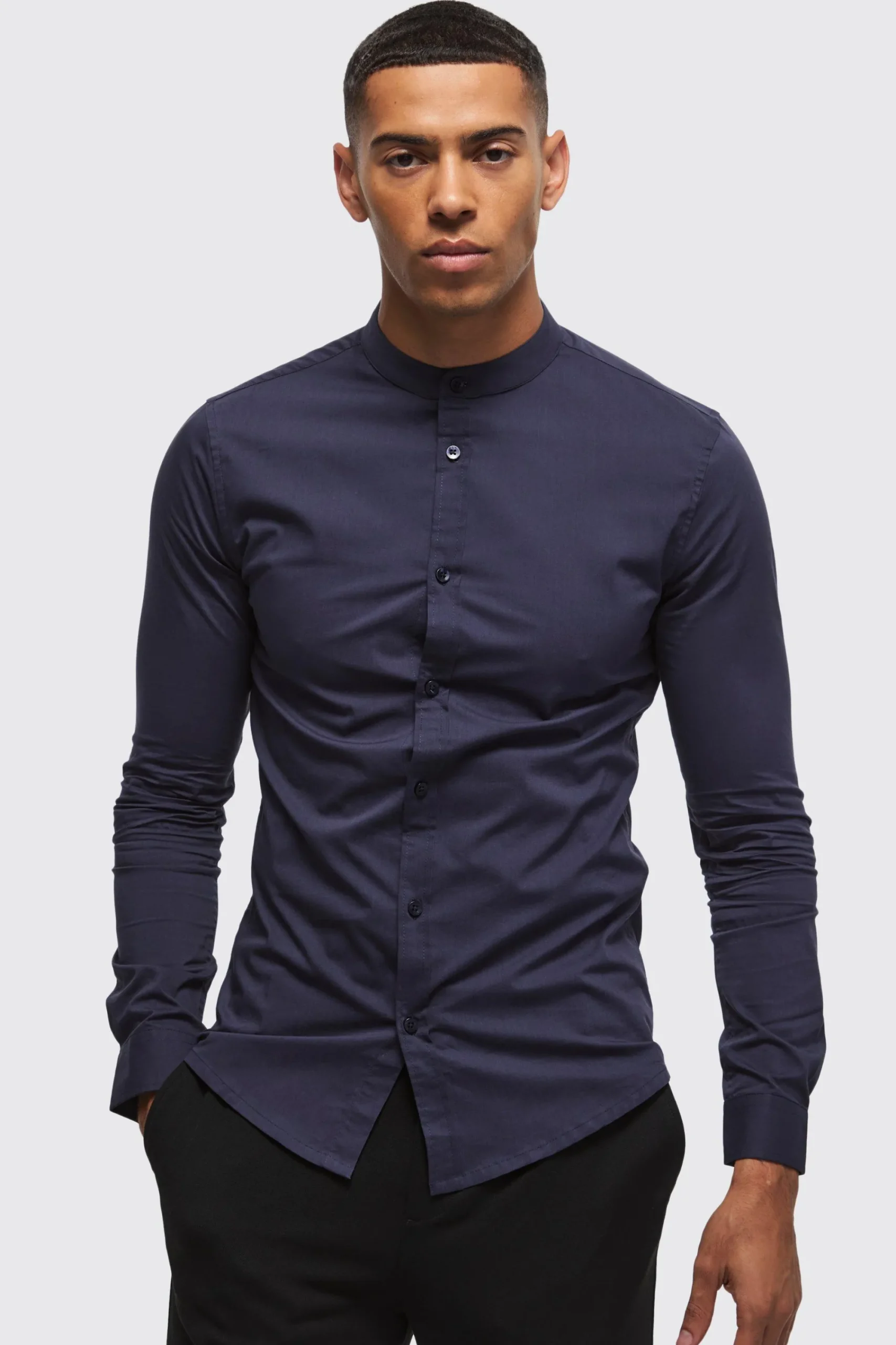 boohooMAN Long Sleeve Grandad Collar Stretch Shirt | UK| Shirts
