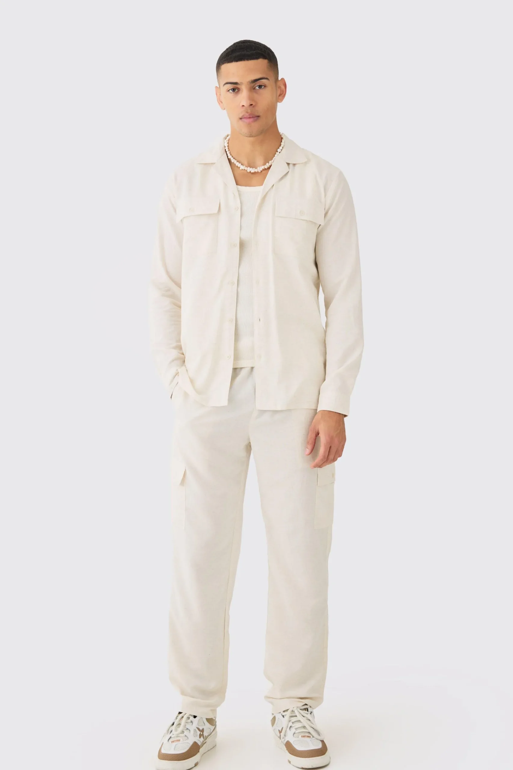 boohooMAN Long Sleeve Linen Cargo Shirt & Trouser | UK| Sets & Co-Ords
