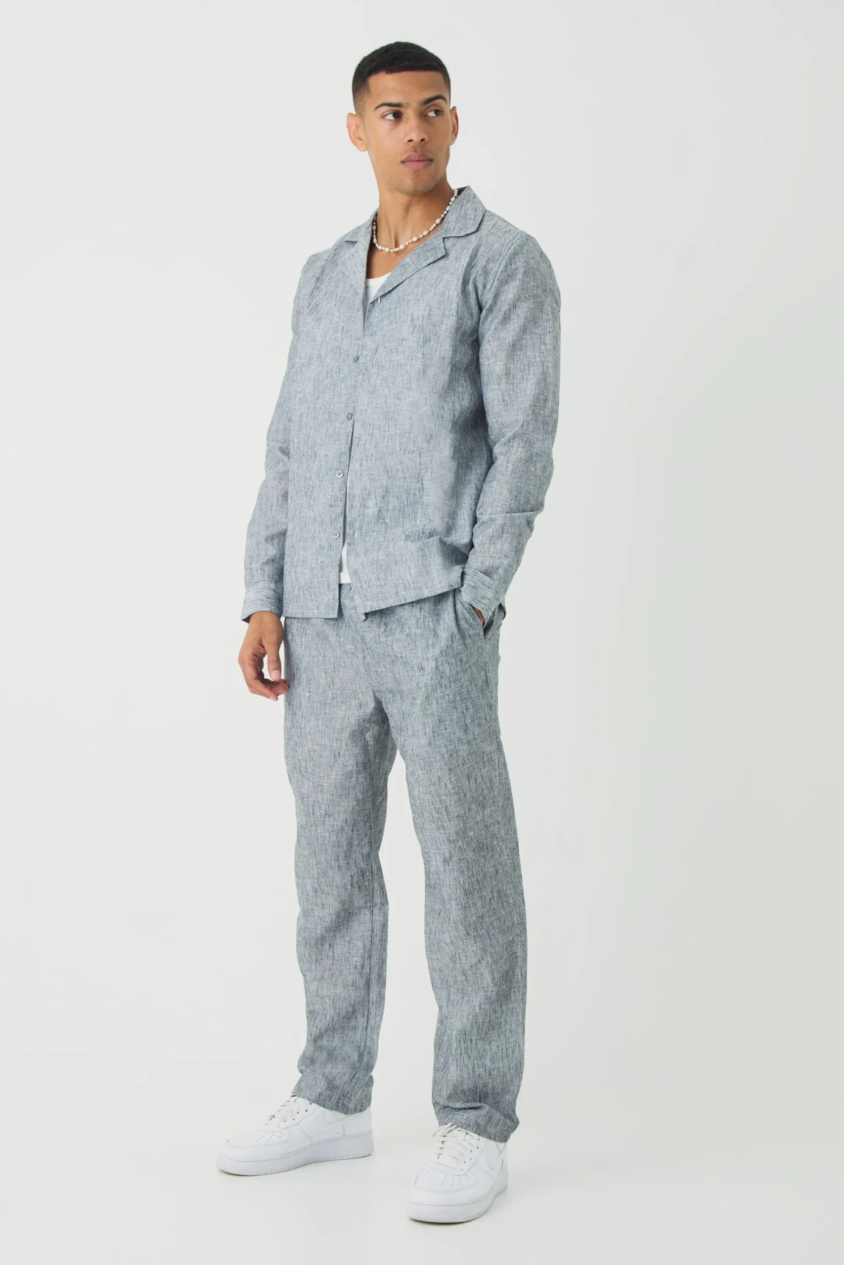 boohooMAN Long Sleeve Linen Look Revere Shirt & Straight Trouser Set | UK| Sets & Co-Ords