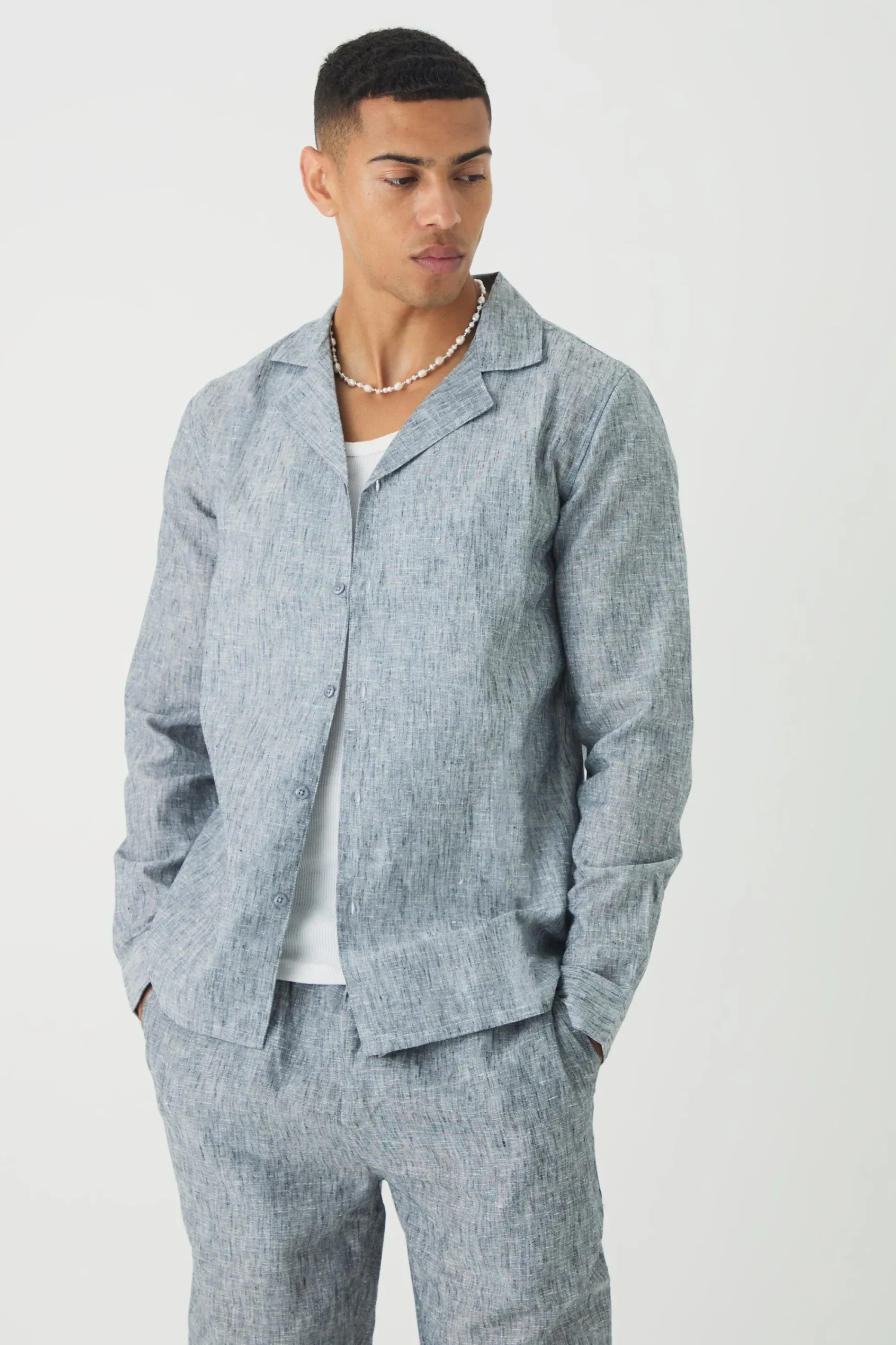 boohooMAN Long Sleeve Linen Look Revere Shirt & Straight Trouser Set | UK| Sets & Co-Ords