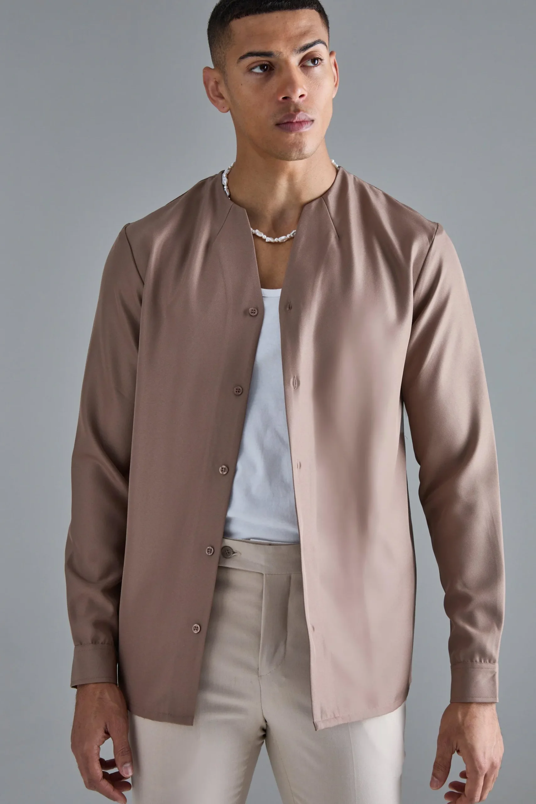 boohooMAN Long Sleeve Open Neck Soft Twill Shirt | UK| Shirts