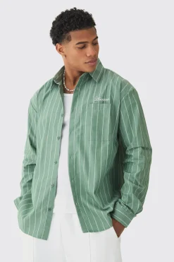 boohooMAN Long Sleeve Oversized Embroidered Stripe Shirt | UK| Shirts
