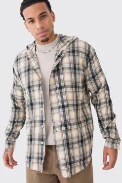 boohooMAN Long Sleeve Oversized Hooded Button Through Check Shirt | UK| Shirts