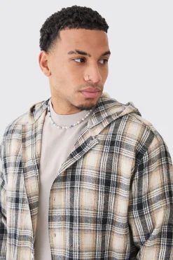 boohooMAN Long Sleeve Oversized Hooded Button Through Check Shirt | UK| Shirts