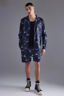 boohooMAN Long Sleeve Revere Barbwire Satin Short Set | UK| Sets & Co-Ords