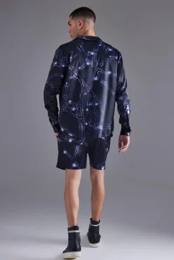 boohooMAN Long Sleeve Revere Barbwire Satin Short Set | UK| Sets & Co-Ords