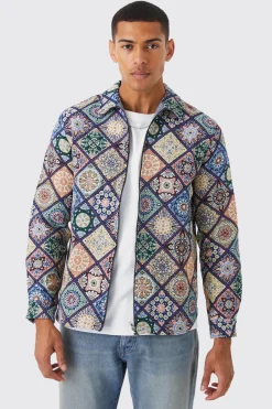 boohooMAN Long Sleeve Zip Through Diamond Tapestry Overshirt | UK| Shirts