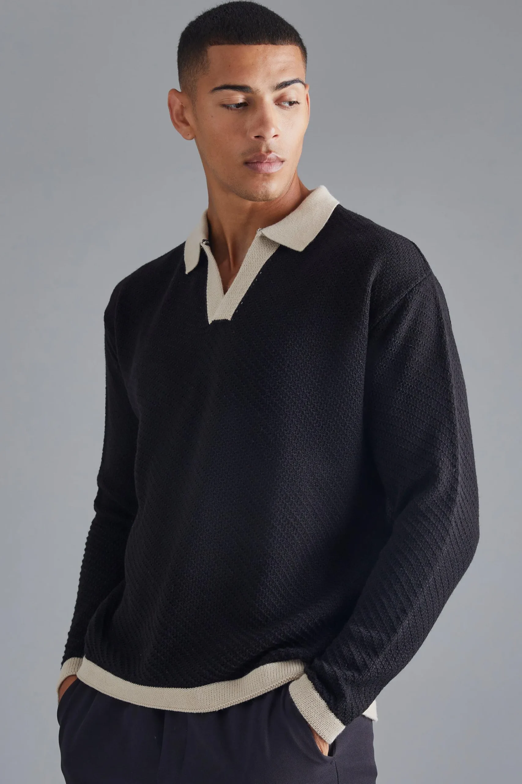 Long Sleeved Oversized Contrast Collar Knitted Polo | UK^boohooMAN Hot