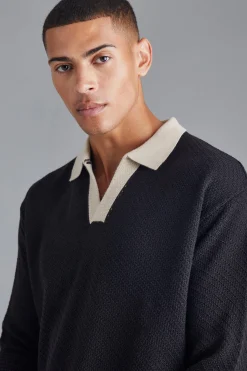 Long Sleeved Oversized Contrast Collar Knitted Polo | UK^boohooMAN Hot