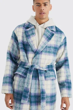 boohooMAN Longline Brushed Check Belted Overcoat | UK| Coats & Jackets