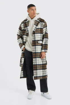 boohooMAN Longline Brushed Check Belted Overcoat | UK| Coats & Jackets