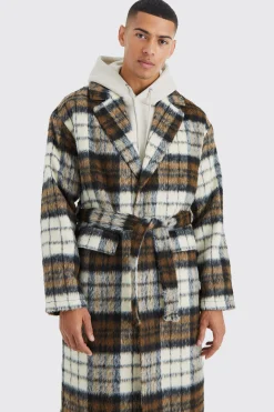 boohooMAN Longline Brushed Check Belted Overcoat | UK| Coats & Jackets