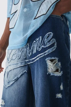 boohooMAN Longline Homme Spliced Ripped Applique Denim Jorts In | UK| Shorts|Jeans