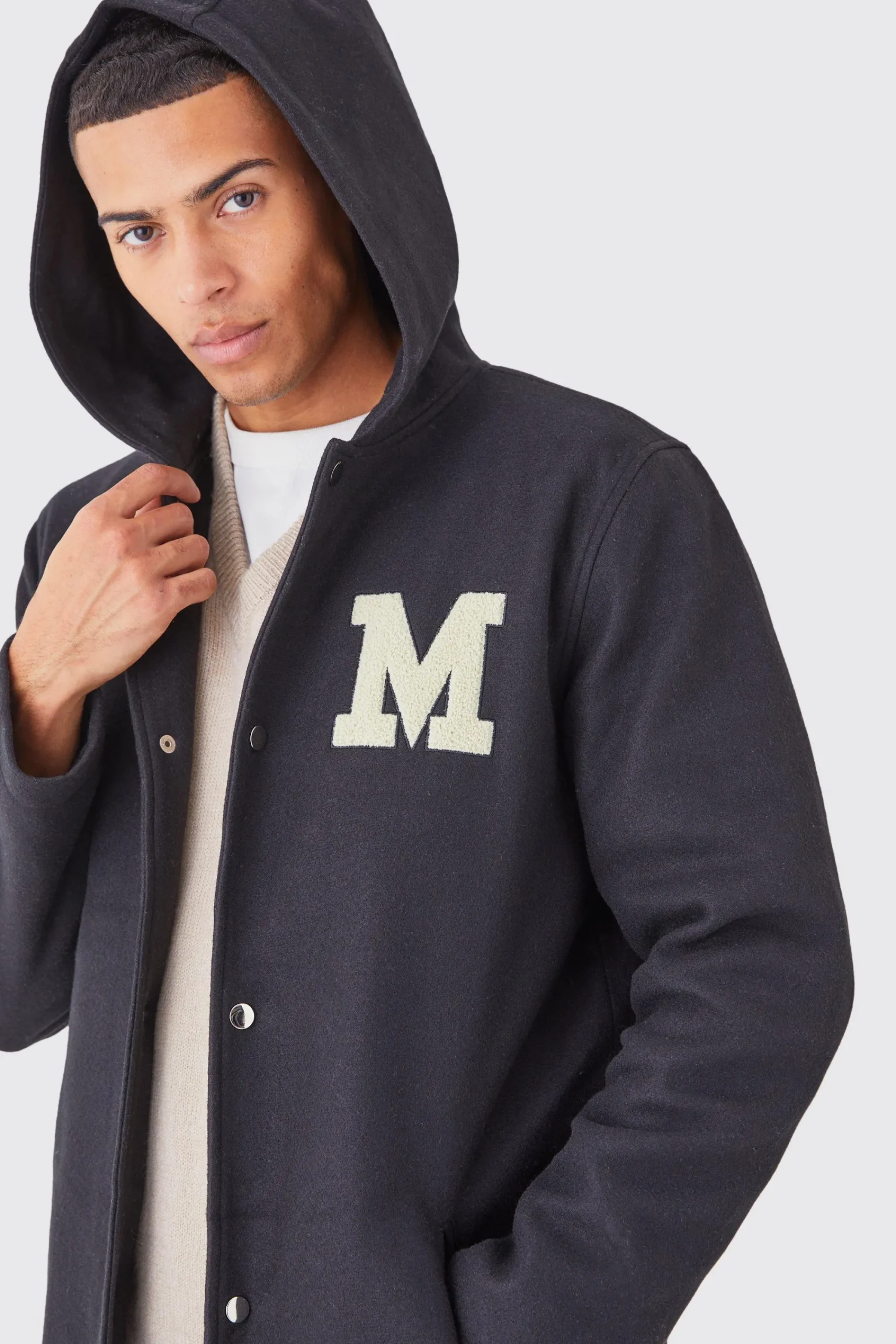 boohooMAN Longline Melton Varsity Overcoat With Hood | UK| Coats & Jackets