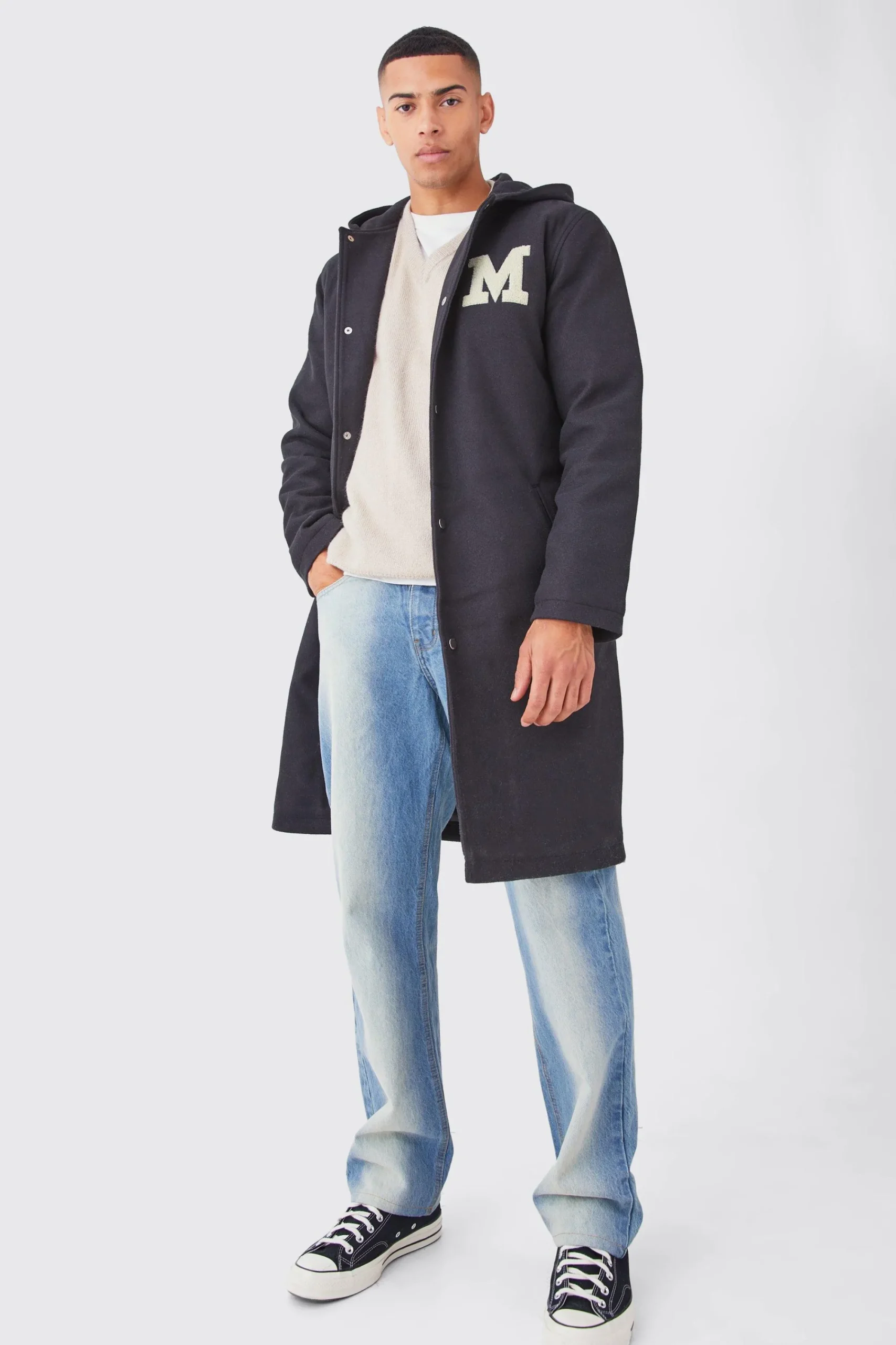 boohooMAN Longline Melton Varsity Overcoat With Hood | UK| Coats & Jackets