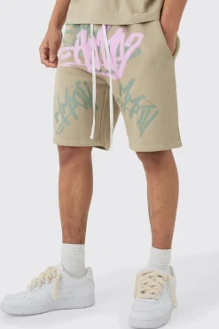 boohooMAN Loose Fit Graffiti Printed Jersey Shorts | UK| Shorts
