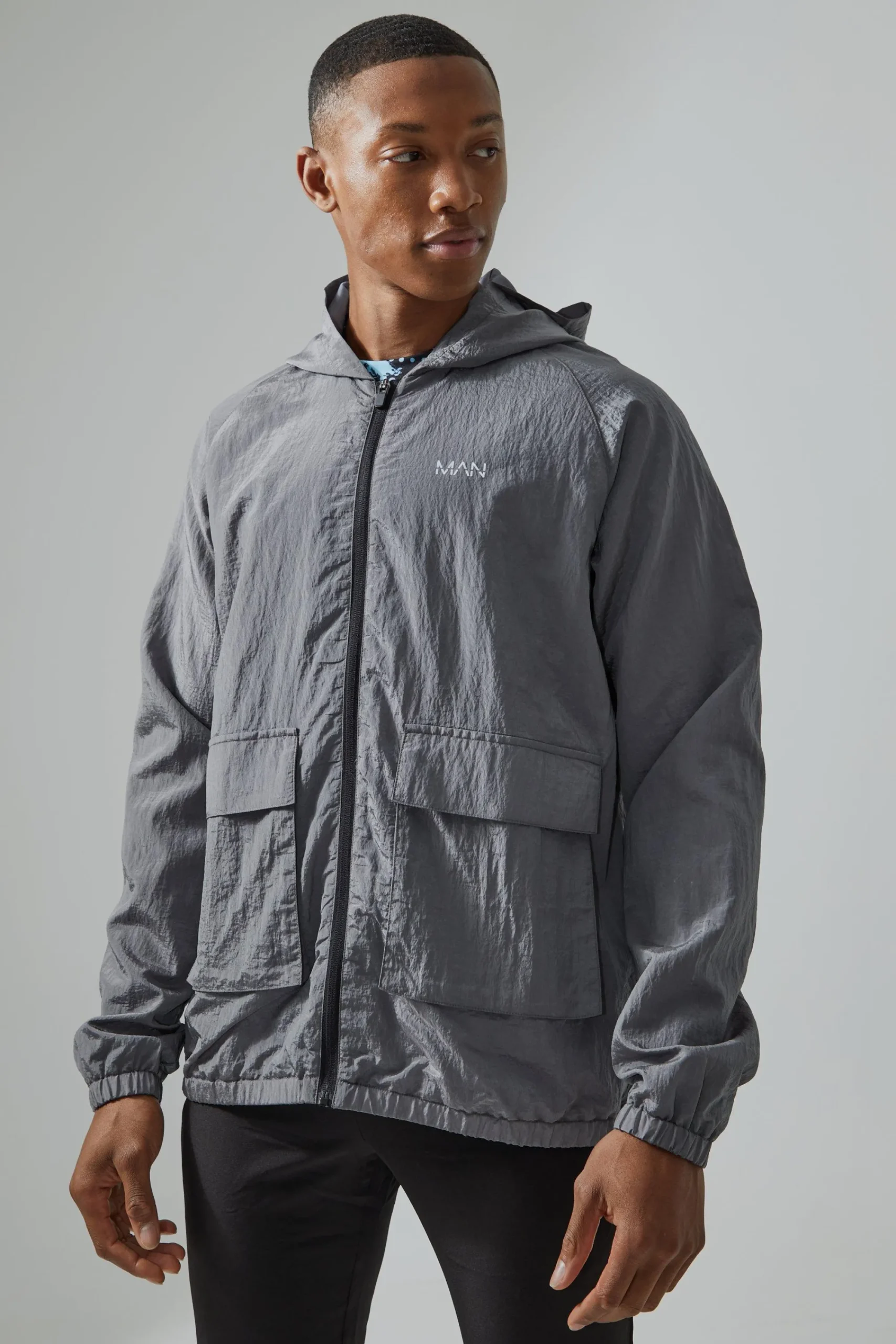 boohooMAN Man Active Crinkle Nylon Utility Regular Fit Windbreaker | UK| Coats & Jackets
