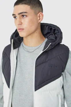 boohooMAN Man Colour Block Quilted Hooded Gilet | UK| Coats & Jackets