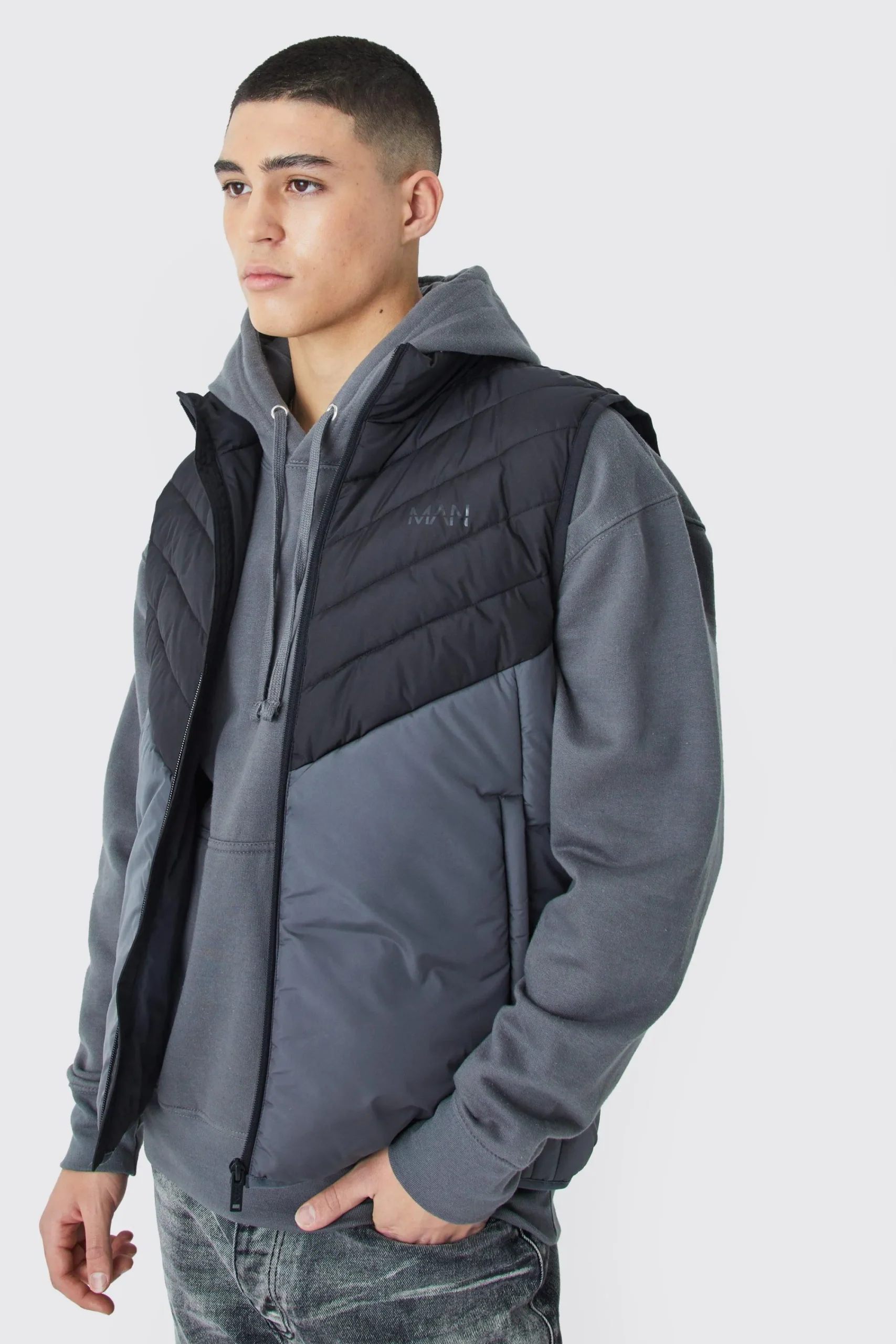 boohooMAN Man Colour Block Quilted Funnel Neck Gilet | UK| Coats & Jackets