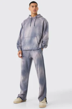 boohooMAN Man Embroidery Oversized Sun Bleached Wash Hooded Tracksuit | UK| Tracksuits