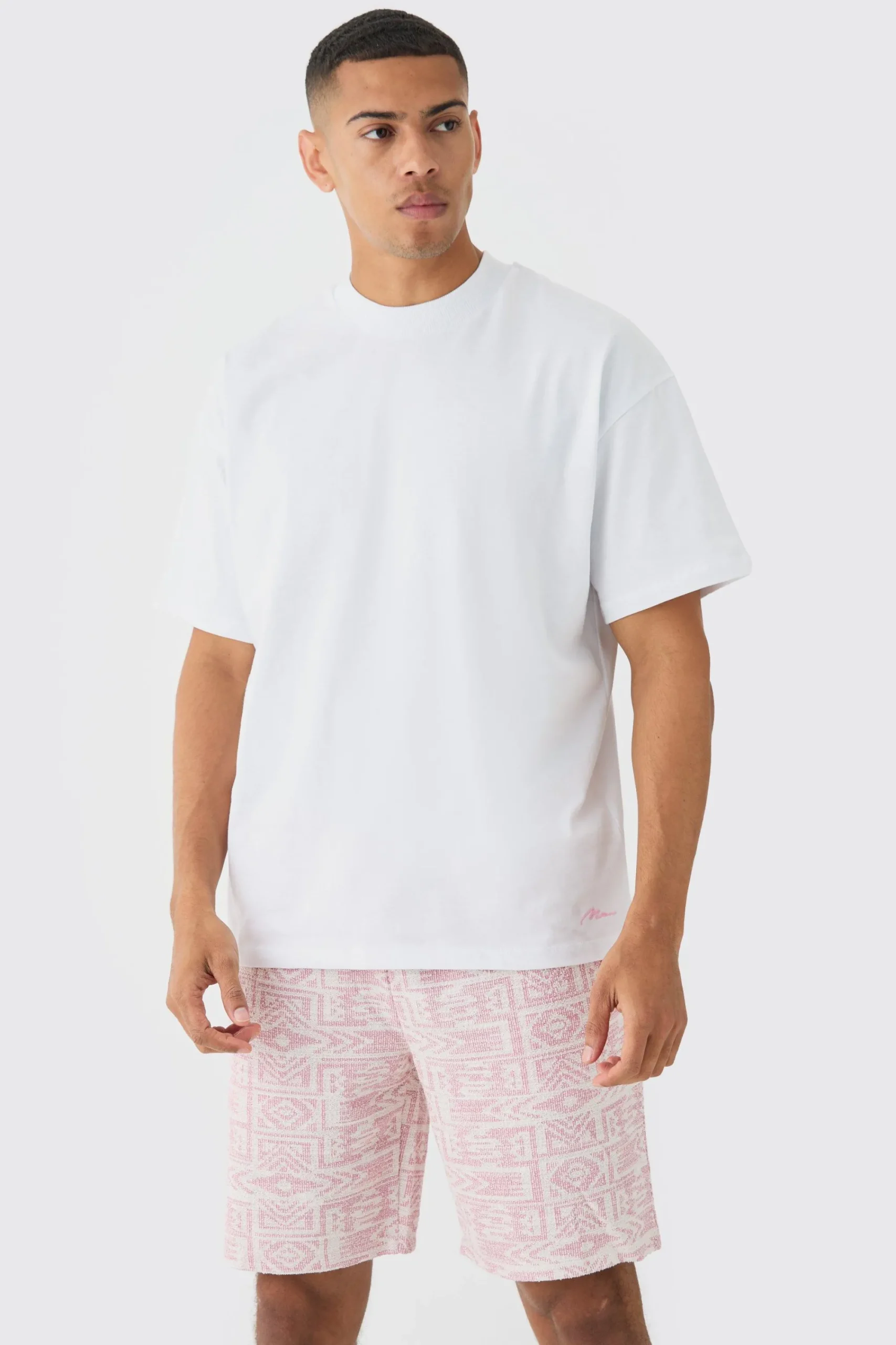 boohooMAN Man Oversized Extended Neck T-shirt And Jacquard Shorts Set | UK| Tracksuits