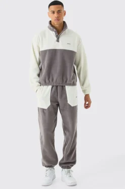 boohooMAN Man Oversized Popper Neck Colour Block Fleece Tracksuit | UK| Tracksuits