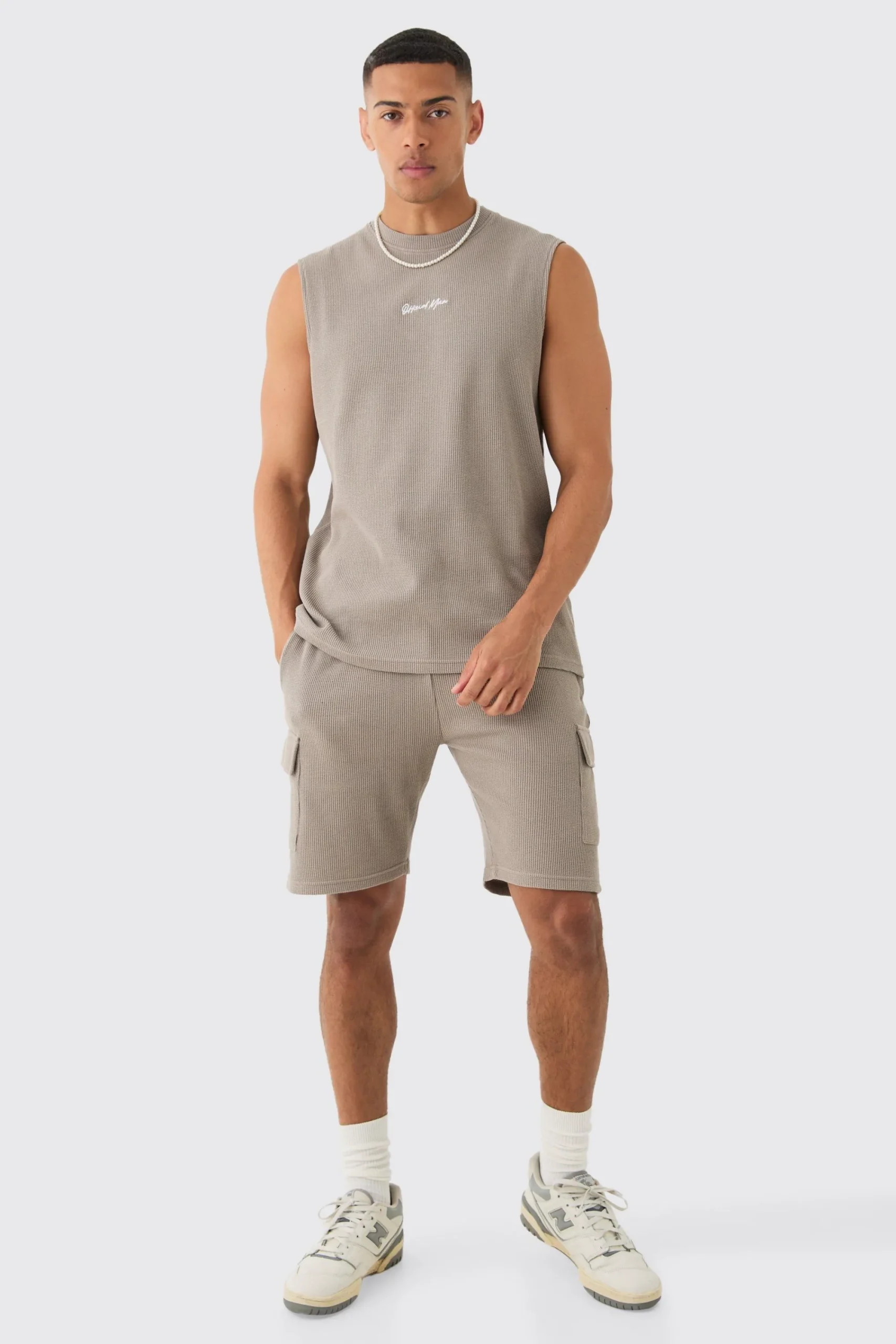 Man Regular Fit Waffle Tank And Cargo Shorts Set | UK^boohooMAN New
