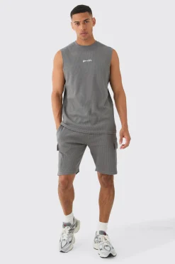 Man Regular Fit Waffle Tank And Cargo Shorts Set | UK^boohooMAN Clearance