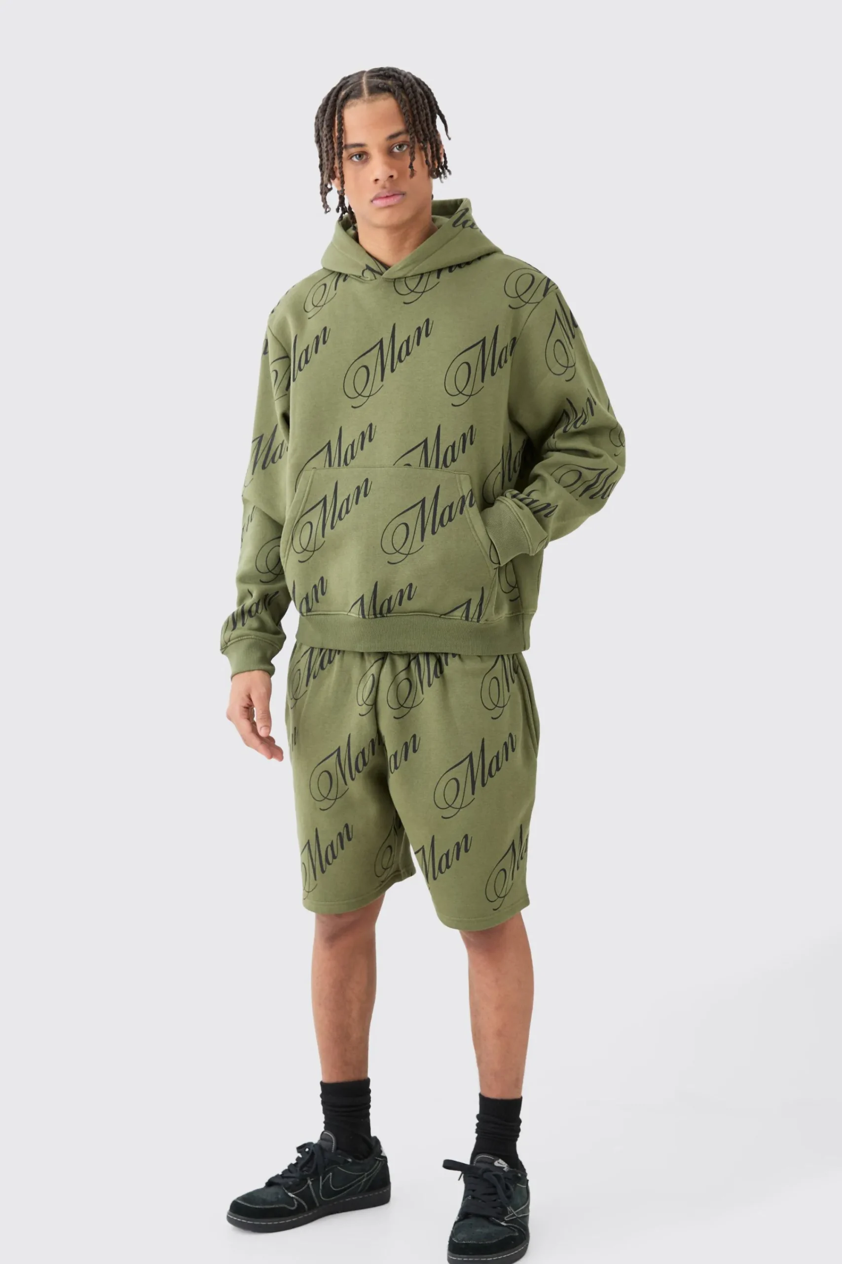 boohooMAN Man Script All Over Print Boxy Hooded Short Tracksuit | UK| Tracksuits