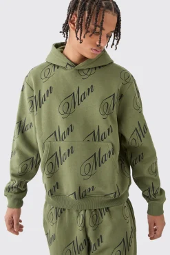 boohooMAN Man Script All Over Print Boxy Hooded Short Tracksuit | UK| Tracksuits