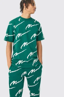 boohooMAN Man Signature All Over Print Tshirt & Jogger Set | UK| Sets & Co-Ords