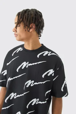 Man Signature All Over Print Oversized T-shirt | UK^boohooMAN Outlet