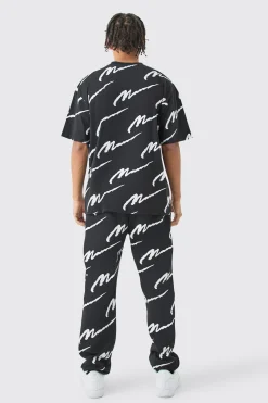 Man Signature All Over Print Oversized T-shirt | UK^boohooMAN Outlet
