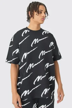 Man Signature All Over Print Oversized T-shirt | UK^boohooMAN Outlet