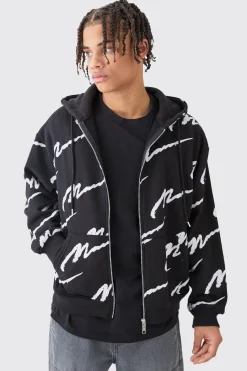 boohooMAN Man Signature All Over Print Boxy Zip Through Hoodie | UK| Hoodies & Sweatshirts