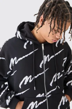 boohooMAN Man Signature All Over Print Boxy Zip Through Hoodie | UK| Hoodies & Sweatshirts