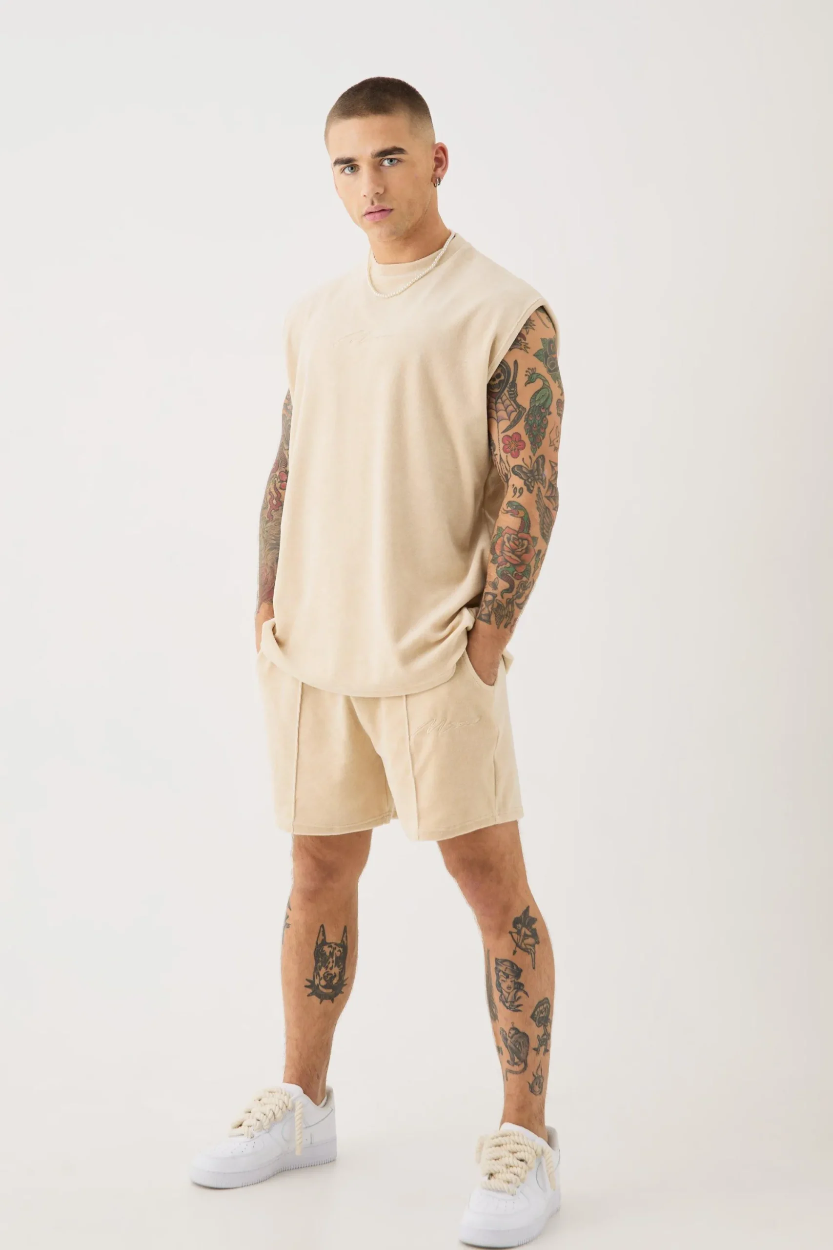 Man Velour Oversized Tank & Pintuck Shorts Set | UK^boohooMAN Clearance