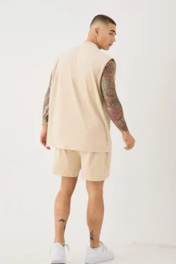 Man Velour Oversized Tank & Pintuck Shorts Set | UK^boohooMAN Clearance