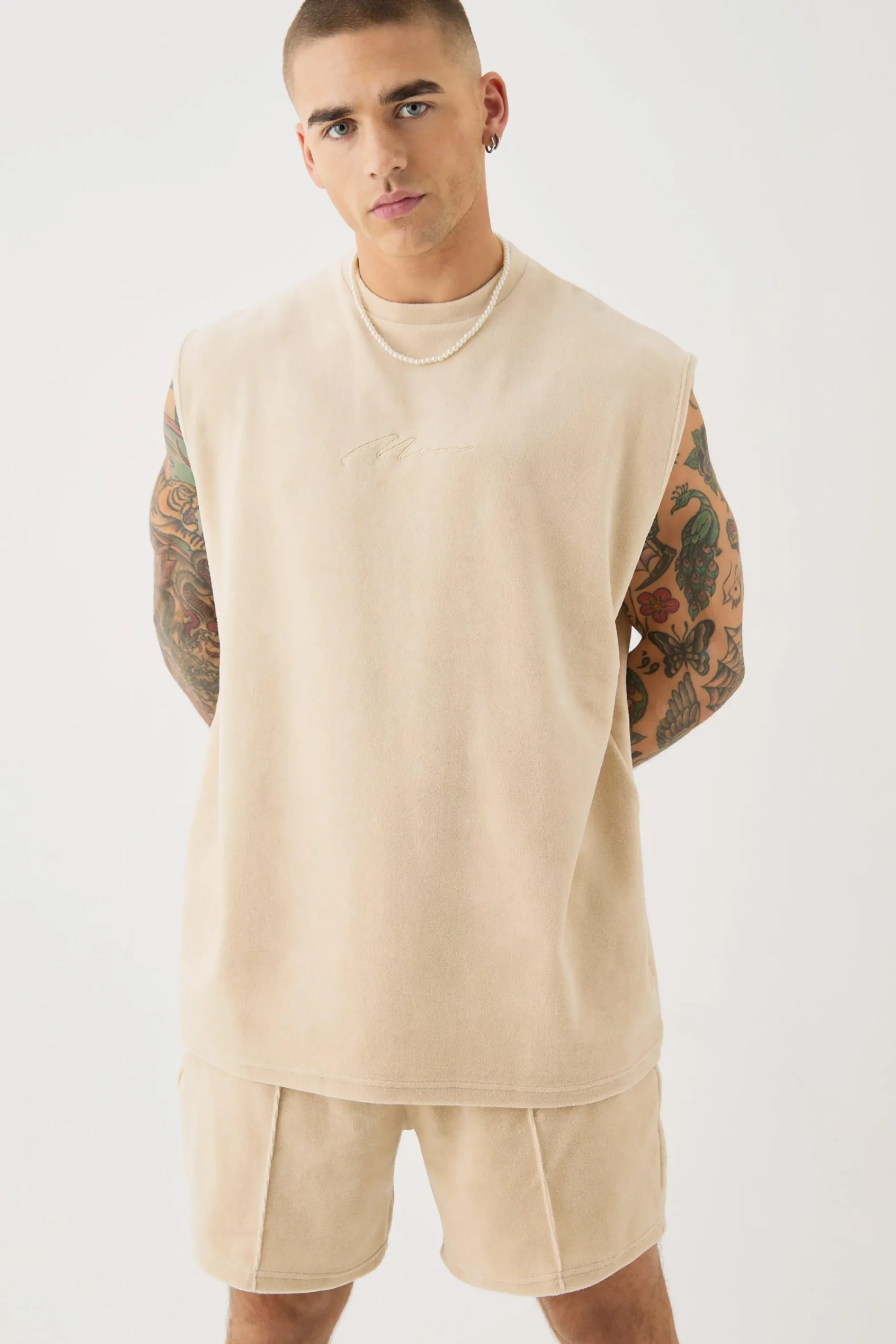 Man Velour Oversized Tank & Pintuck Shorts Set | UK^boohooMAN Clearance